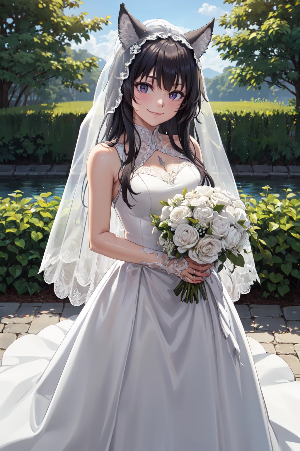 masterpiece,best quality,highres,ultra-detailed,delta,animal ears,long hair,low-tied long hair,<lora:delta_(kage_no_jitsuryokusha_ni_naritakute!):0.7>,(wedding dress:1.2),white dress,(veil:1.2),garden,smile,outdoors,standing,cowboy shot,holding bouquet,