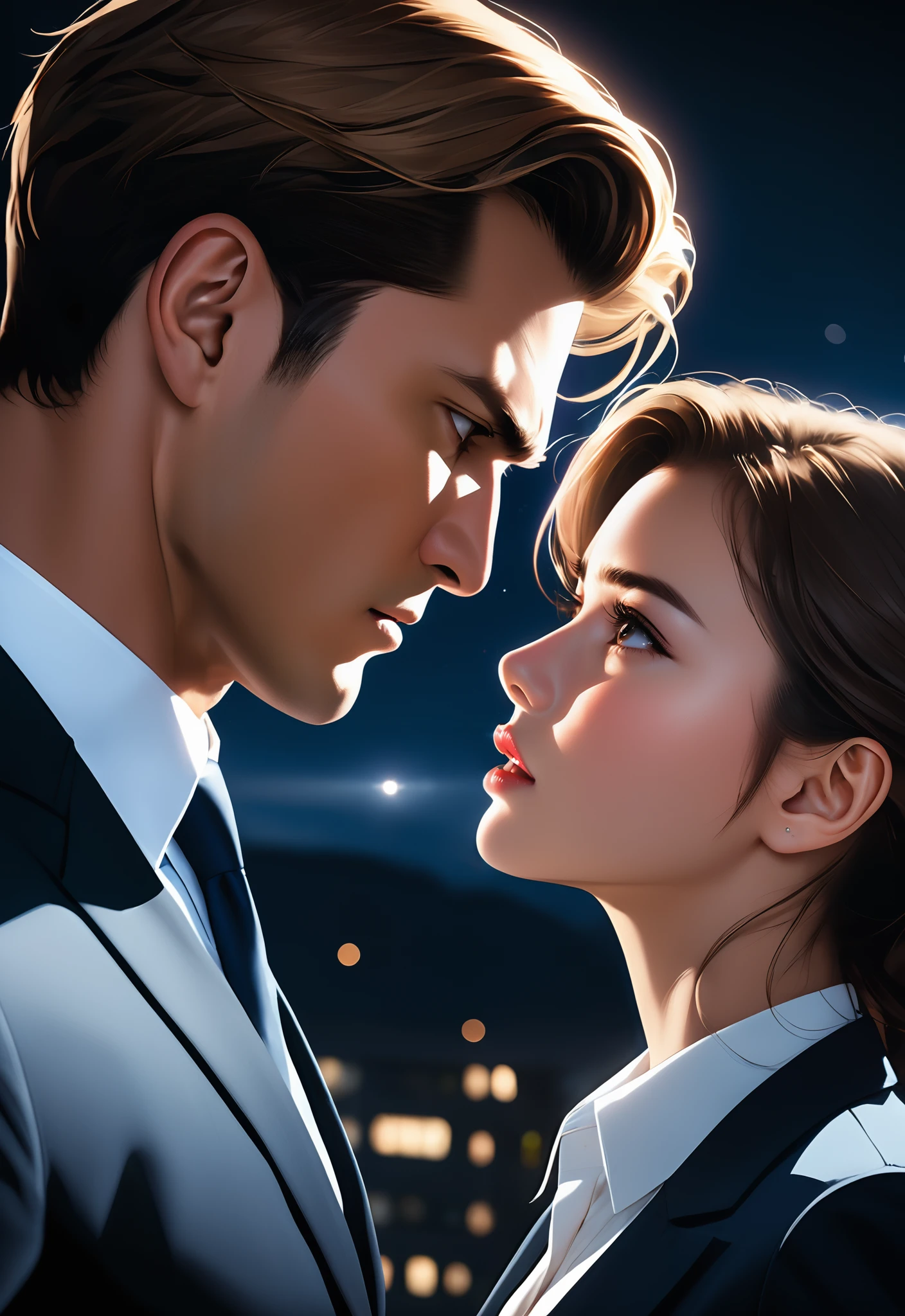 Best quality, film quality, faces of European and American stars, young domineering CEO and young girl, looking at each other. The male lead's expression is serious and angry, wearing a suit, while the female lead's gaze is firm. He takes off the male lead's coat, with a night background, moonlight, romantic atmosphere, and bright light
