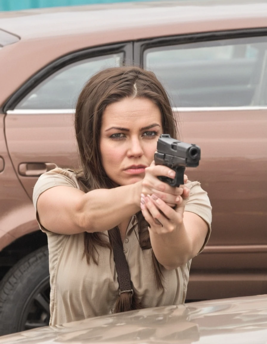 <lora:D47673C6B9:0.6> a woman taking cover behind a car holding a pistol n her detailed hands