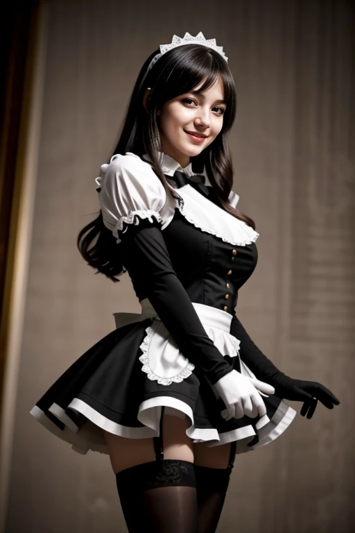 ((1 girl, 22 y.o, Masterpiece, best quality, cinematic lighting, 8k, full body shot, long hair, hourglass body)), (smile:0.85), (realistic background:1.2)
<lora:Maid_X23_By_Stable_yogi:0.8> maid headdress, maid outfit, black gloves, black thighhighs, high heels