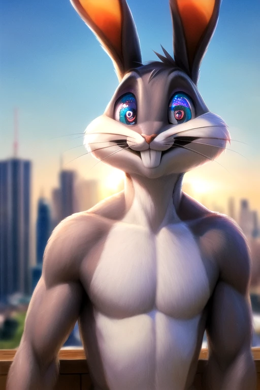 masterpiece, best quality,  sky, clouds, cityscape, smile, looking at viewer, (upper body photo:1.5)
,, <lora:Bugs-BunnyFRL22nO:1> bugs bunny, rabbit, anthro, male, explicit, fur, genitals, grey body, balls, handwear, penis, white body, (masterpiece:1.2), best quality, high resolution, unity 8k wallpaper, (illustration:0.8), (beautiful detailed eyes:1.6), extremely detailed face, perfect lighting, extremely detailed CG, (perfect hands, perfect anatomy),, (realistic:1.2) ,(photorealistic:1.2),(hdr:1.2),(perfect hands, perfect anatomy), (beautiful detailed eyes:1.6), extremely detailed face, perfect lighting