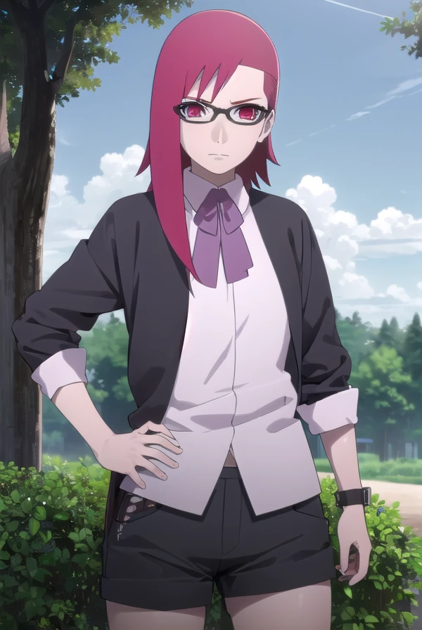 karinuzumaki, <lora:karin uzumaki-lora-nochekaiser:1>,
karin uzumaki, (red eyes:1.3), red hair, glasses,
BREAK shirt, shorts, wrist cuffs, black shorts, long sleeves,
BREAK outdoors, forest, nature, trees, sun, sky, clouds,
BREAK looking at viewer, (cowboy shot:1.5),
BREAK <lyco:GoodHands-beta2:1>, (masterpiece:1.2), best quality, high resolution, unity 8k wallpaper, (illustration:0.8), (beautiful detailed eyes:1.6), extremely detailed face, perfect lighting, extremely detailed CG, (perfect hands, perfect anatomy),