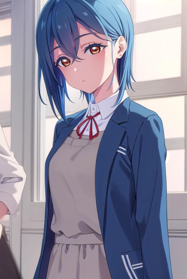 shikiwakana, <lora:shiki wakana s2-lora-nochekaiser:1>,
shiki wakana, short hair, bangs, (red eyes:1.3), hair between eyes, blue hair, earrings, stud earrings,
BREAK shirt, dress, ribbon, school uniform, jacket, white shirt, open clothes, collared shirt, open jacket, red ribbon, neck ribbon, blue jacket, pinafore dress, grey dress, yuigaoka school uniform,
BREAK indoors, classroom,
BREAK looking at viewer, (cowboy shot:1.5),
BREAK <lyco:GoodHands-beta2:1>, (masterpiece:1.2), best quality, high resolution, unity 8k wallpaper, (illustration:0.8), (beautiful detailed eyes:1.6), extremely detailed face, perfect lighting, extremely detailed CG, (perfect hands, perfect anatomy),