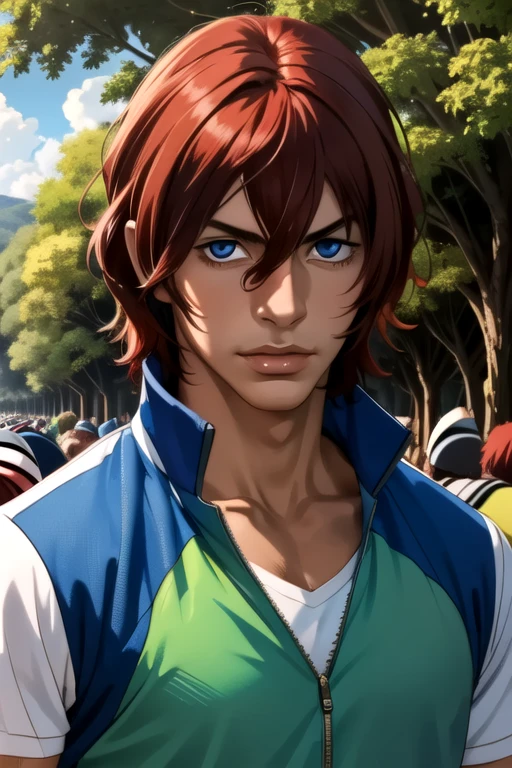 (best quality:1.1), (masterpiece:1.4), photorealistic, , upper body, depth of field, anime coloring, , 1boy, solo, male focus, <lora:hayato_shinkai:0.94>, hayato_shinkai, red hair, blue eyes, , , Middle Earth: A vast and ancient world, home to Elves, Dwarves, Hobbits, and Wizards, HD