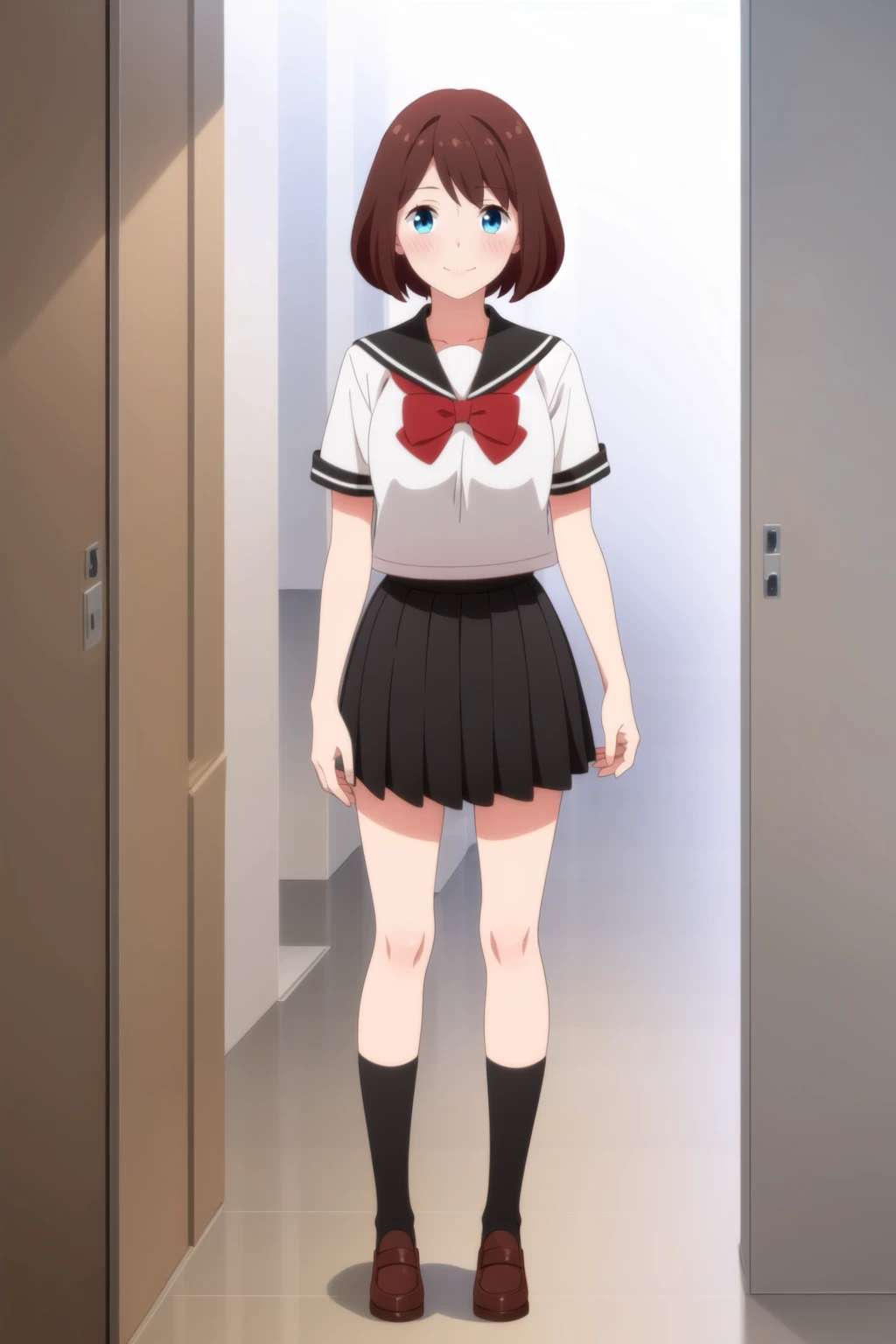 masterpiece, best quality, indoors,school, 1girl, solo, full body, standing, <lora:Saki_Kanda_NSL-V1:0.7>, short hair, bangs, brown hair,school uniform, white shirt, short sleeves, pleated skirt, serafuku, bowtie, black skirt, sailor collar, red bow, black sailor collar,  black skirt,black socks, brown footwear, light smile, blush, closed mouth, looking at viewer,