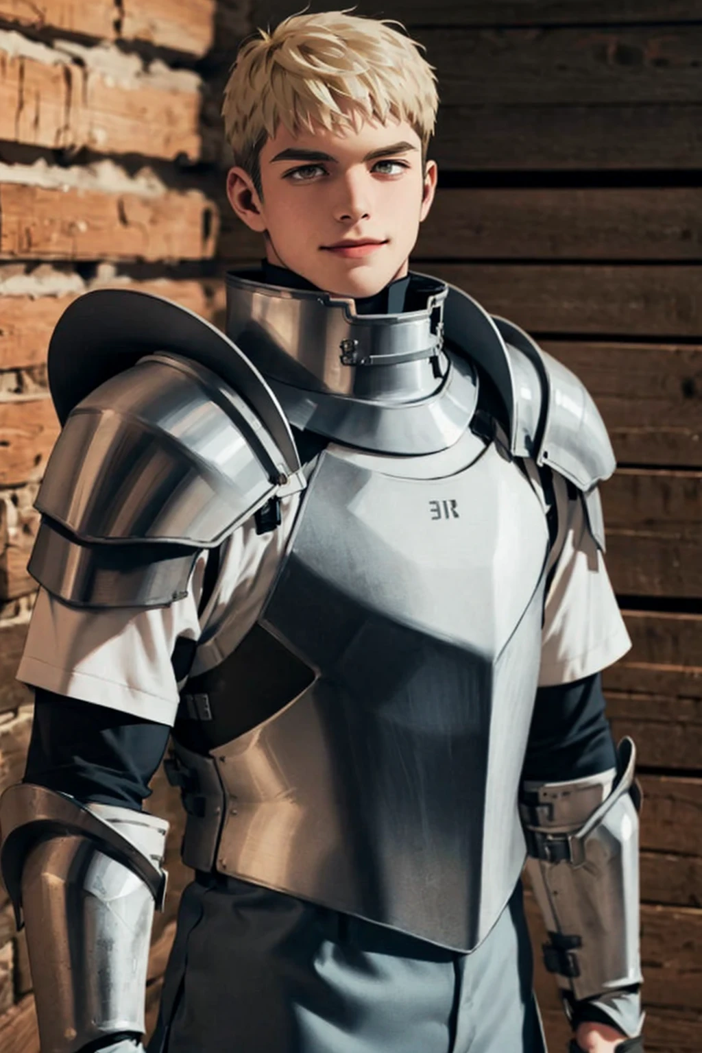 (1 image only),  solo male,  1boy,  Laios Touden,  Delicious in Dungeon,  knight,  blond hair,  short hair,  light gold eyes,  average height,  silver plate armour,  silver gauntlets,  white shirt under armor,  silver knee guards,  simple brown boots,  slight smile,  handsome,  charming,  alluring,  standing,  upper body in frame,  perfect anatomy,  perfect proportions,  2d,  anime,  (best quality,  masterpiece),  (perfect eyes,  perfect eye pupil),  high_resolution,  dutch angle,  dungeon location,  (Hands:1.1),  better_hands,<lora:EMS-498-EMS:0.300000>,<lora:EMS-290586-EMS:0.600000>