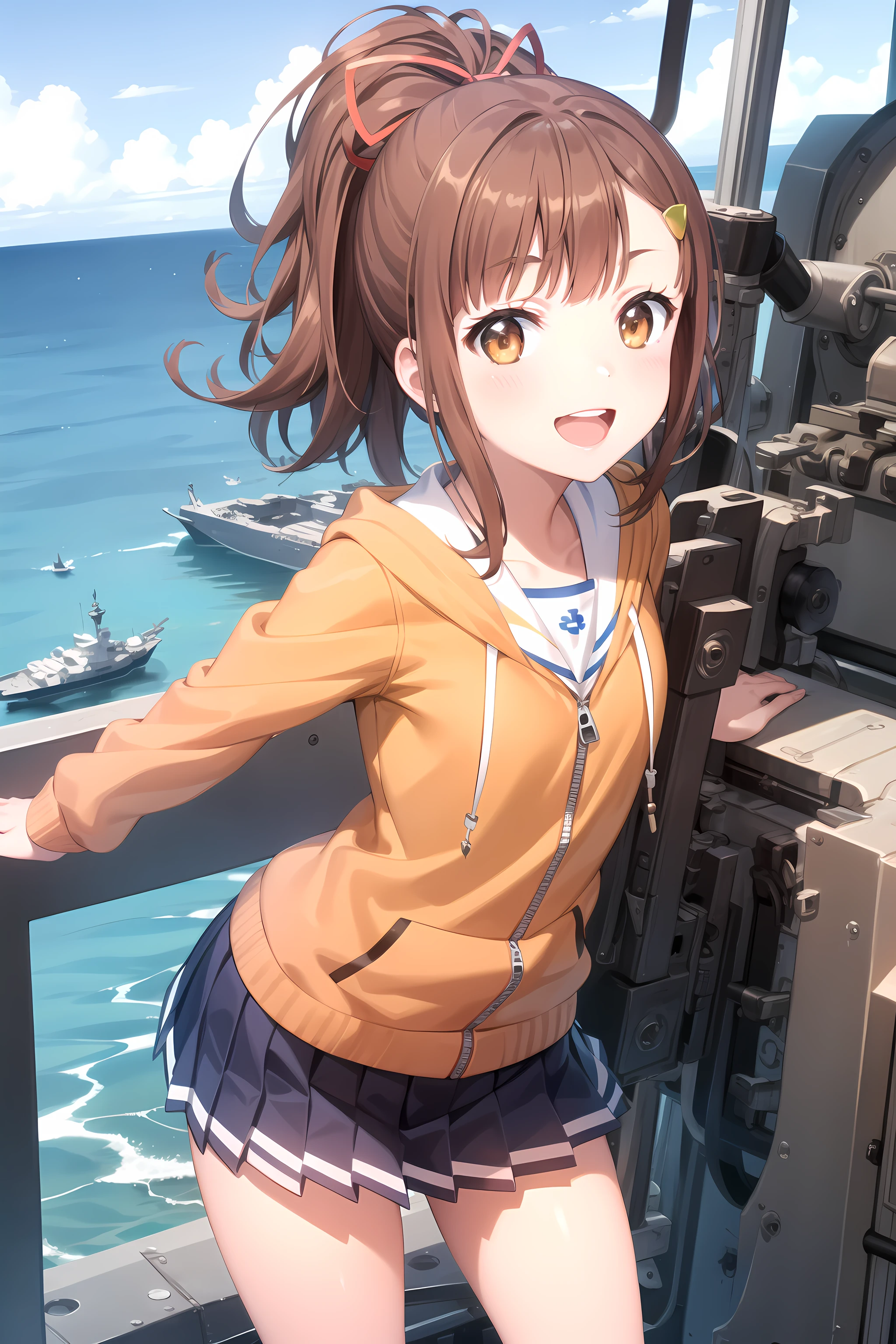 best quality, masterpiece, detailed,
<lora:HighSchoolFleet_IrizakiMei:0.8>, IrizakiMei,
1girl, open mouth, smile,
brown hair, brown eyes, ponytail, hairclip, hair ribbon,
school uniform, orange hoodie, blue skirt, sailor collar, zipper,
standing, looking at viewer, arms at sides,
ocean, (ship, military vehicle:1.2)
