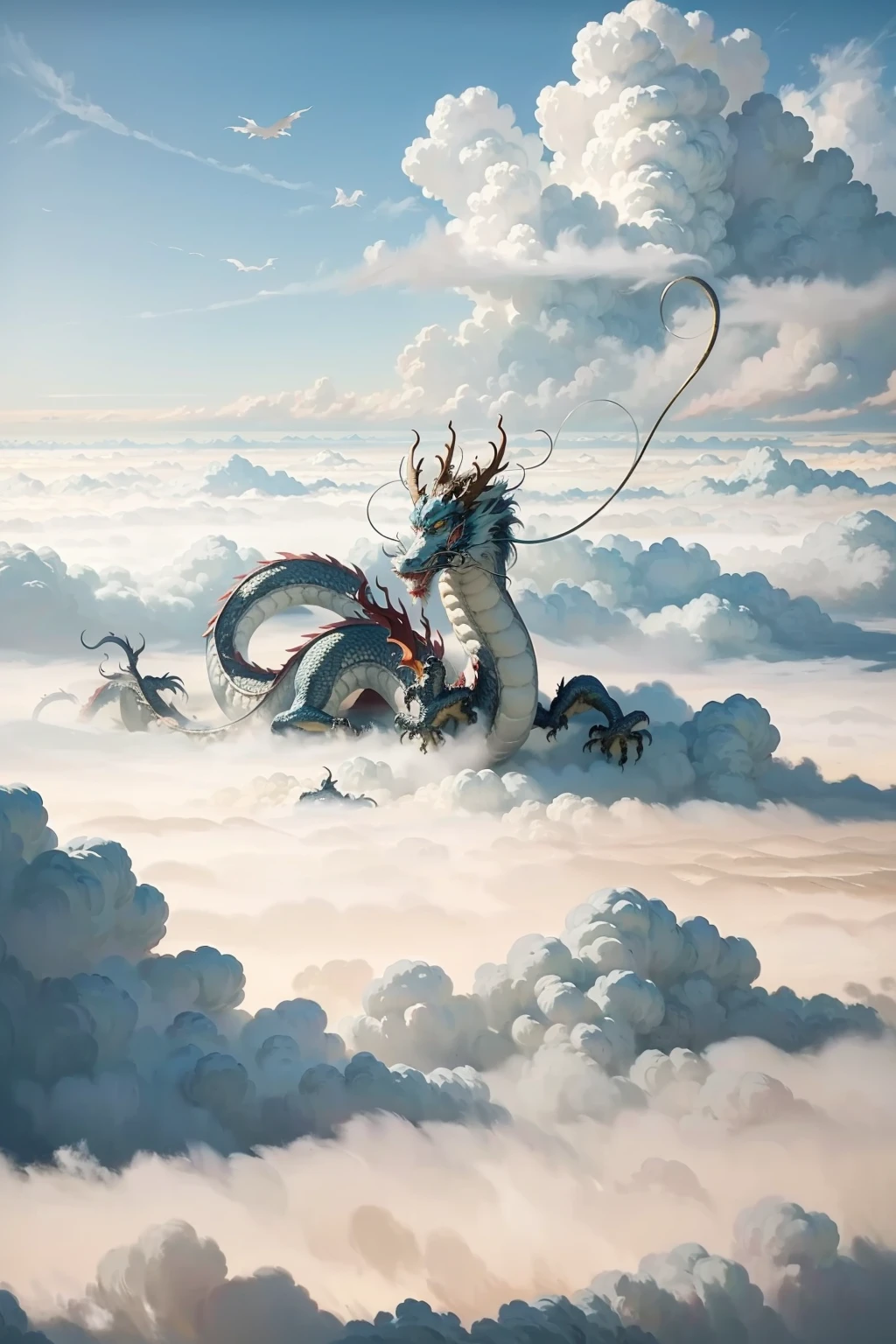 loong,cloudy sky,claws,eastern dragon,long tail,whiskers,chinese new year,cloud,no humans,gunzan,sky,cloud horizon,sun,outdoors,QINGLONG,SOLO,(Science fiction),((Soaring in the clouds and riding in the fog)),(((The dragon body disappears and appears in the clouds))),(full body:1.3),(ink wash painting:1.2),east asian architecture,<lora:0221 loong_v2:1>,ruanyi0221,(((floating in the clouds))),, ((masterpiece, high quality, best quality, 8k, wallpaper, detailed))