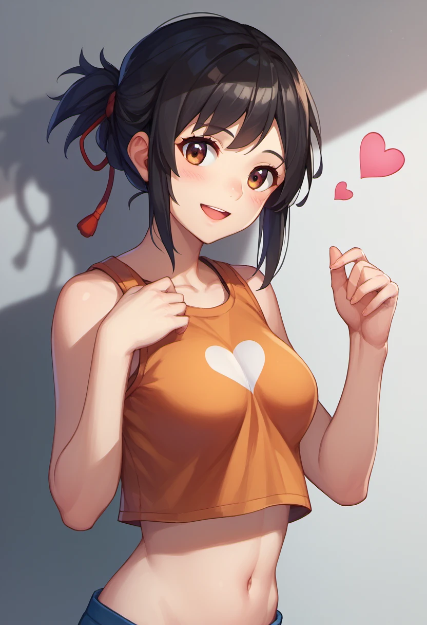 Komi Shuuko,（A white border around a red rectangular background：2.5），Back view，multi view，Look up at the perspective，low head，ahegao face，D-cups，whitesweater，High detail,Moles under eyes, Heart-shaped pupils，Love pupils，cropped shoulders，Lots of hearts，Fleshy thighs,highly rendered，detailed face with