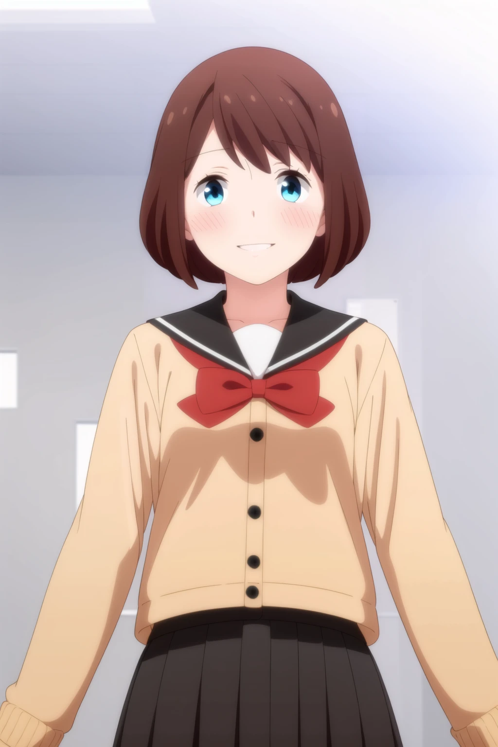 masterpiece, best quality, indoors,school, 1girl, solo, upper body, standing, <lora:Saki_Kanda_NSL-V1:0.7>, 1girl, solo short hair, bangs, brown hair,school uniform, serafuku, bag, sailor collar, red bow, cardigan, black skirt,light smile, looking at viewer, blush,