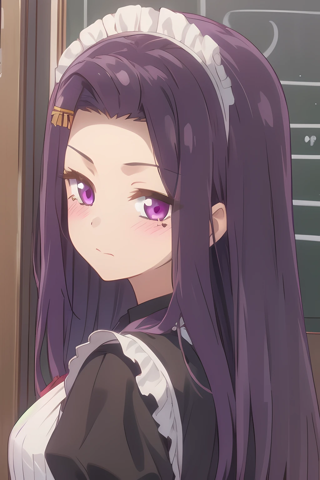 sayuriakino, 1girl, solo, long hair, looking at viewer, blush, closed mouth, purple eyes, purple hair, mole, one mole under eye, maid cosplay, maid hairdress <lora:SayuriAkino-10:0.75>