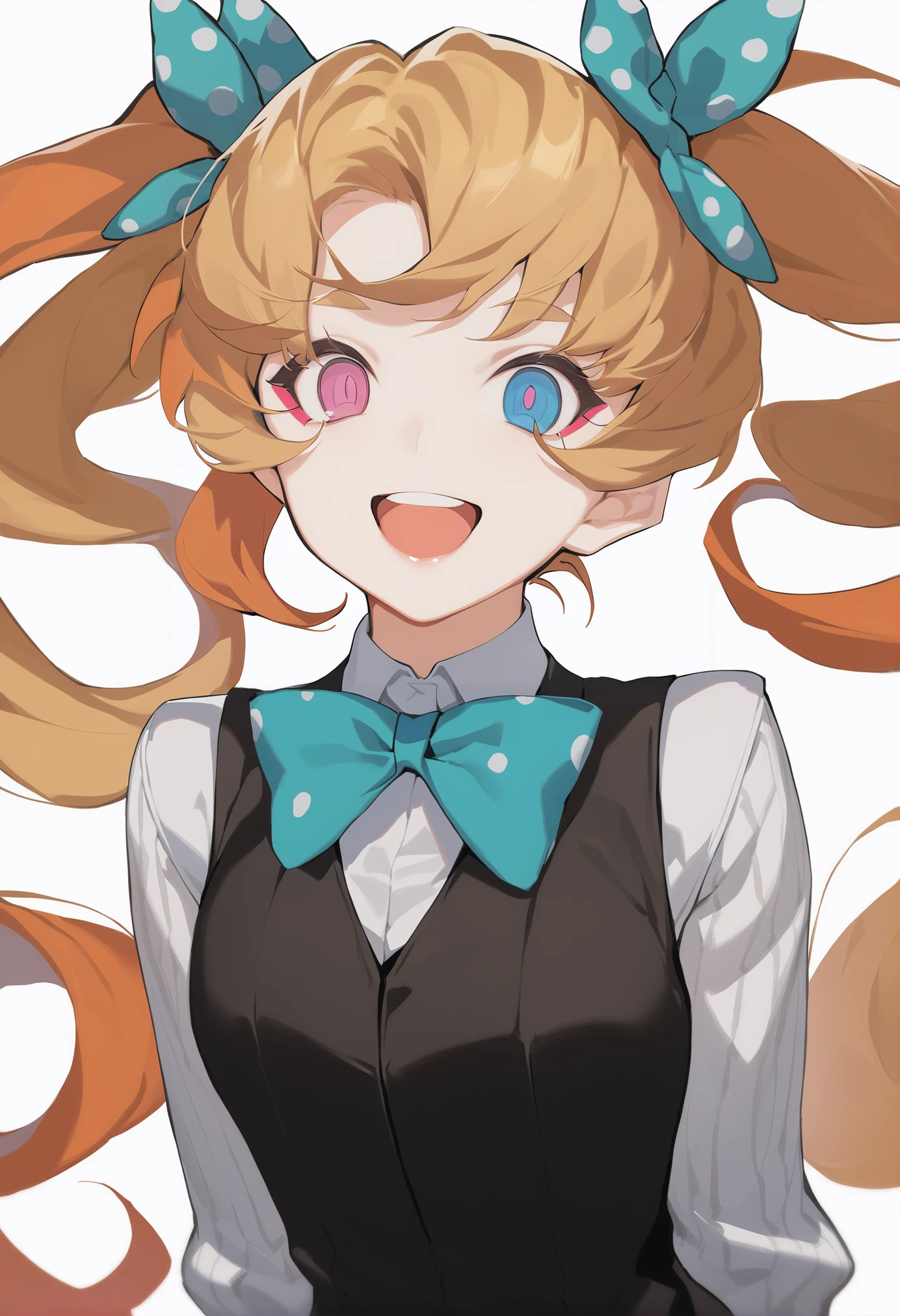 masterpiece, best quality, <lora:DPOXL:1> <lora:sola7764XL_V1:1>
1girl, solo, bow, polka dot, smile, long hair, polka dot bow, blue bow, shirt, striped, hair bow, white background, upper body, black vest, :d, open mouth, looking at viewer, vertical stripes, striped shirt, vertical-striped shirt, vest, bowtie, simple background, orange hair, white shirt, long sleeves, bangs, aqua bow, multicolored eyes, teeth, blonde hair, twintails, ringed eyes, multicolored hair, upper teeth only, blue eyes, pink eyes, very long hair, makeup