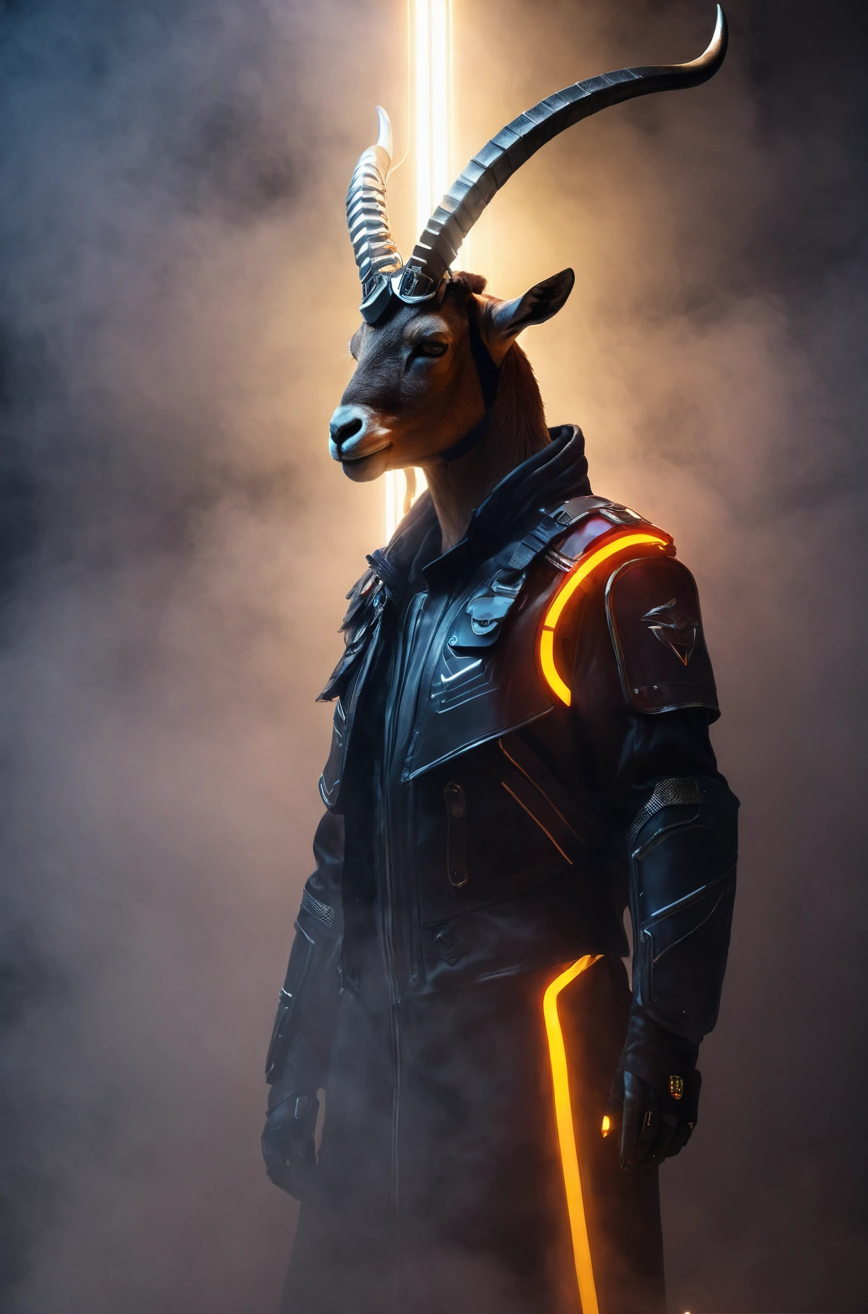 no visible face,sensuous,digital art,performance vehicle,foggy atmosphere,(ibex wearing headband),armored jacket,freedom,high cheekbones,glowing light lines