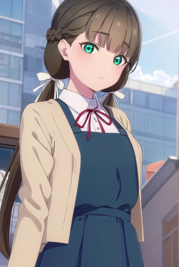 kinakosakurakouji, <lora:kinako sakurakouji s2-lora-nochekaiser:1>,
kinako sakurakouji, long hair, bangs, brown hair, twintails, (green eyes:1.3), hair ribbon, braid, blunt bangs, low twintails,
BREAK shirt, dress, ribbon, school uniform, jacket, white shirt, open clothes, collared shirt, open jacket, red ribbon, neck ribbon, blue jacket, pinafore dress, grey dress, yuigaoka school uniform,
BREAK indoors, classroom,
BREAK looking at viewer, (cowboy shot:1.5),
BREAK <lyco:GoodHands-beta2:1>, (masterpiece:1.2), best quality, high resolution, unity 8k wallpaper, (illustration:0.8), (beautiful detailed eyes:1.6), extremely detailed face, perfect lighting, extremely detailed CG, (perfect hands, perfect anatomy),