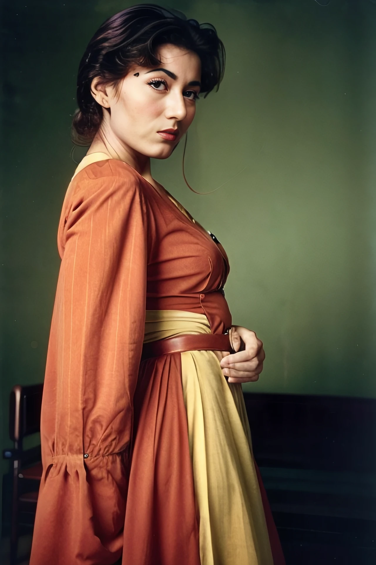 photo of mdbla woman, 50s analog look, wearing conservative elegant Ochre clothing, dynamic pose, healthy skin, looking at camera, serious expression, accurate anatomy, simple contrasting background, film grain <lora:mdbla_Madhubala_SD15_LoRA_prodigy_local_regs-000003:1>