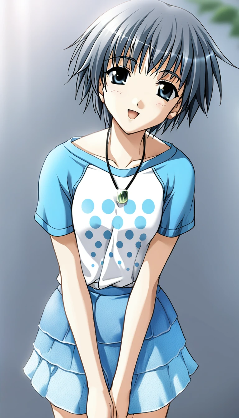 1girl,Momose Tamaki, blue outfit,raglan sleeves, polka dot, blue short skirt,masterpiece,solo, best quality, game cg, smile,v arms, open mouth, head tilt, (illustration:1.2),(extremely fine and beautiful),(perfect details),(unity CG 8K wallpaper:1.05),(ray tracing),(beautiful and clear background:1.25),(depth of field:0.6). (detailed beautiful eyes:1.2),(beautiful face:1.2),(hair blowing with the wind:1.1), <lora:tamaki:1>
