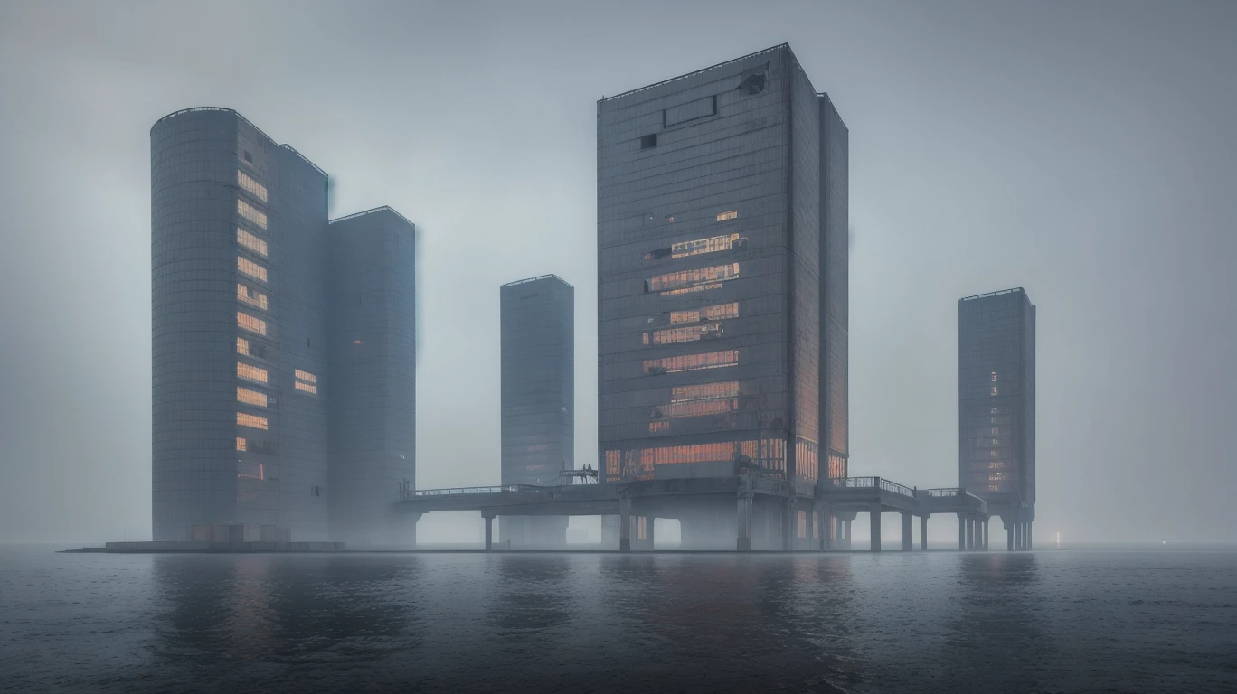 abandoned building, nuclear reactor, overtaken by the sea, high quality, high resolution, extreme detail, masterpiece, intricate details, [volumetric fog], cinematic lighting, photographed on a Canon EOS R5, 50mm lens, F/2.8, HDR, 8k resolution, colorful