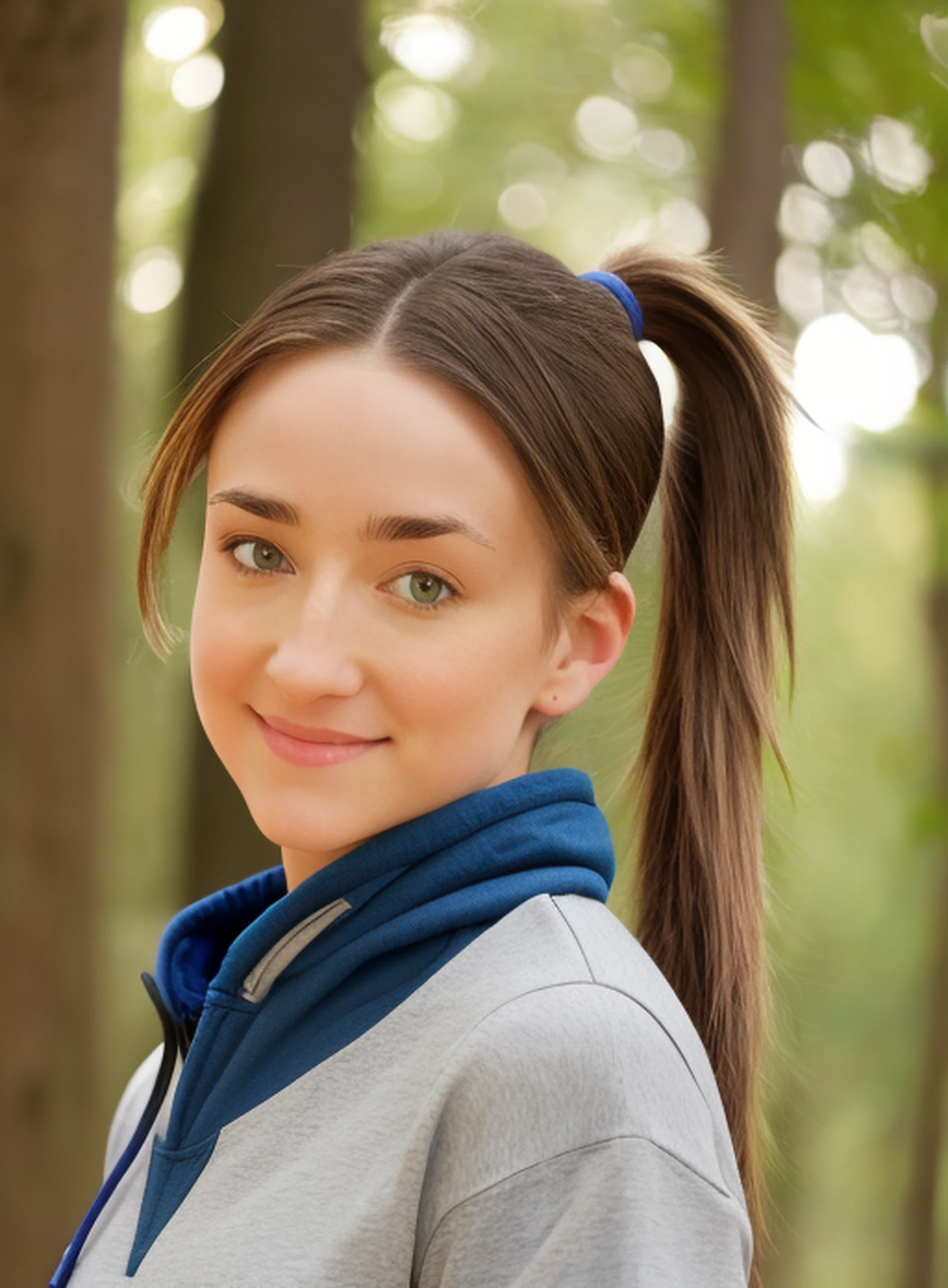 <lora:bailey_v1.0:1> 8ail3y, solo, hoodie sweatshirt, short ponytail, realistic, from the waist up, hazel eyes, in the forest