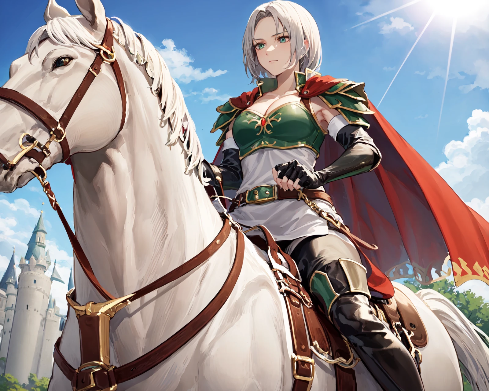 <lora:amaldaV3:0.7>,amalda,(from below, horse,riding a horse,saddle,reins:1.2),thigh boots, cape, thighhighs,armor, elbow gloves, fingerless gloves, black footwear, pantyhose, cleavage, belt, shoulder armor, dress,skirt,outdoors,castle,sunlight, (masterpiece, best quality, ultra-detailed, best shadow)