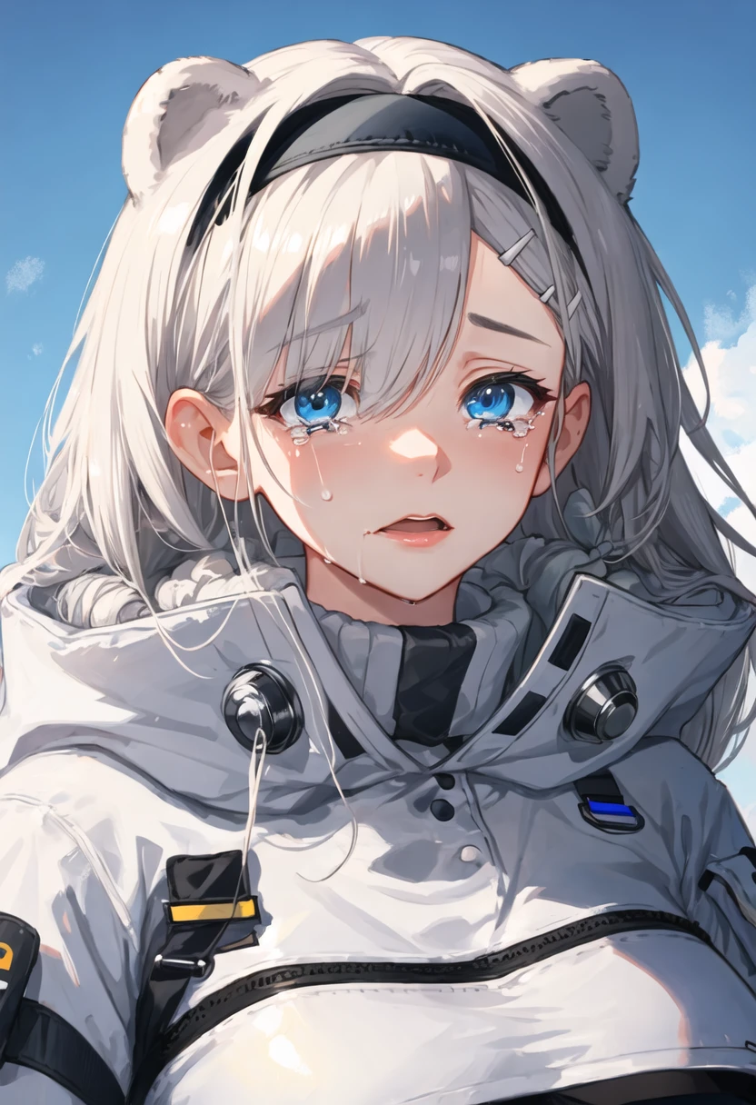 best quality, masterpiece, highres, solo, {aurora_arknights:0.90}, crying, sobbing, tears, portrait, looking at viewer