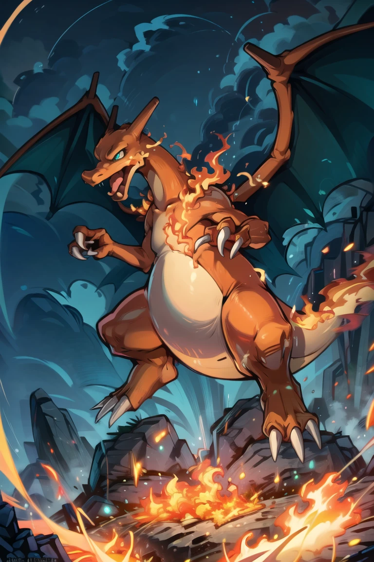 ((masterpiece,best quality)), absurdres,
<lora:Charizard_v2:0.8>, Charizard, no humans,
<lora:Fiery_Hair:0.5>, Fiery_Hair, glowing,
dragon, grass, rocks, claws, creatures (company), orange skin, fangs, swirling fire, full body, game freak, gen 1 pokemon, green eyes, looking to the side, nintendo, no humans, open mouth, pokemon, pokemon (creature), solo, dynamic pose, foreshortening, leaning forward,