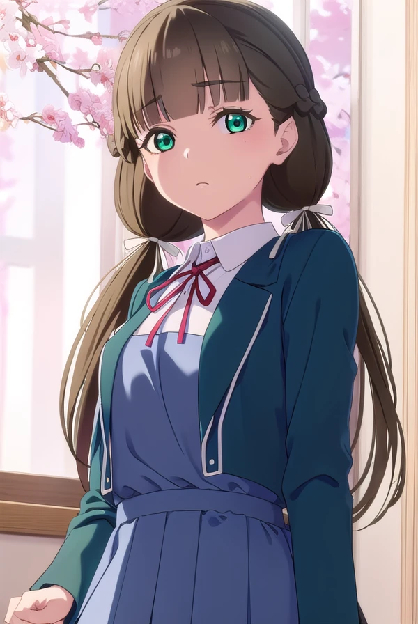 kinakosakurakouji, <lora:kinako sakurakouji s2-lora-nochekaiser:1>,
kinako sakurakouji, long hair, bangs, brown hair, twintails, (green eyes:1.3), hair ribbon, braid, blunt bangs, low twintails,
BREAK shirt, dress, ribbon, school uniform, jacket, white shirt, open clothes, collared shirt, open jacket, red ribbon, neck ribbon, blue jacket, pinafore dress, grey dress, yuigaoka school uniform,
BREAK indoors, classroom,
BREAK looking at viewer, (cowboy shot:1.5),
BREAK <lyco:GoodHands-beta2:1>, (masterpiece:1.2), best quality, high resolution, unity 8k wallpaper, (illustration:0.8), (beautiful detailed eyes:1.6), extremely detailed face, perfect lighting, extremely detailed CG, (perfect hands, perfect anatomy),