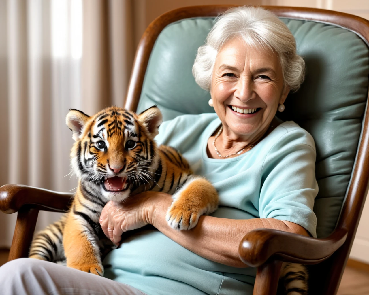 portrait image of an elderly European woman with a tiger on her lap in a comfortable rocking chair, high quality, ultra-detailed, dramatic angle, big smile, perfect hands,
