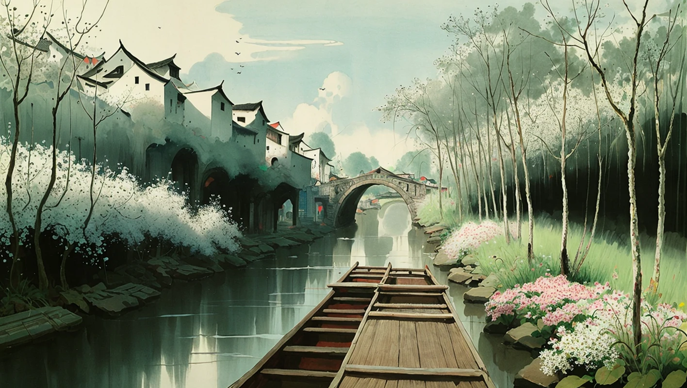 best quality,masterpiece,highly detailed,ultra-detailed,
<lora:neg4all_bdsqlsz_V3.5:-1>, <lora:Jiangnan:1>
cityscape, riverbank, boat,traditional media, blue sky, overgrown, plants,flowe