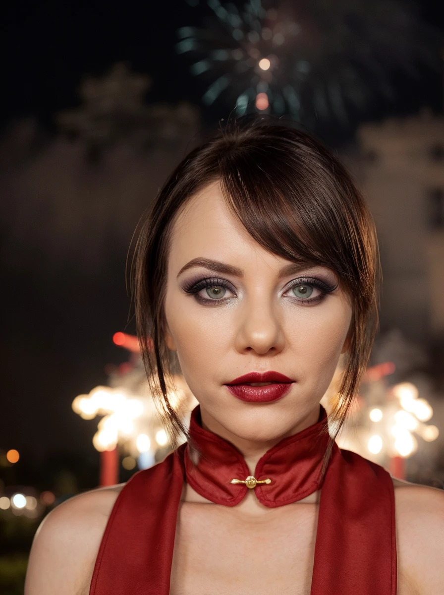,a happy woman, makeup, red lipstick, concealer,
festival party, lights, fireworks, chinese festival, crowded, new year celebration ,east asian architecture, paper lantern, realistic, red (Chinese lanterns ) in background, fog, fireworks and fog far background, fire, lighting, intricate detailed, NikkyThorneQuiron, <lora:quiron_AlysaGap_v1_lora:0.87> AlysaGapQuiron,, skin pores, perfect iris, perfect eyes, serious, portrait, linkedin, grey background,