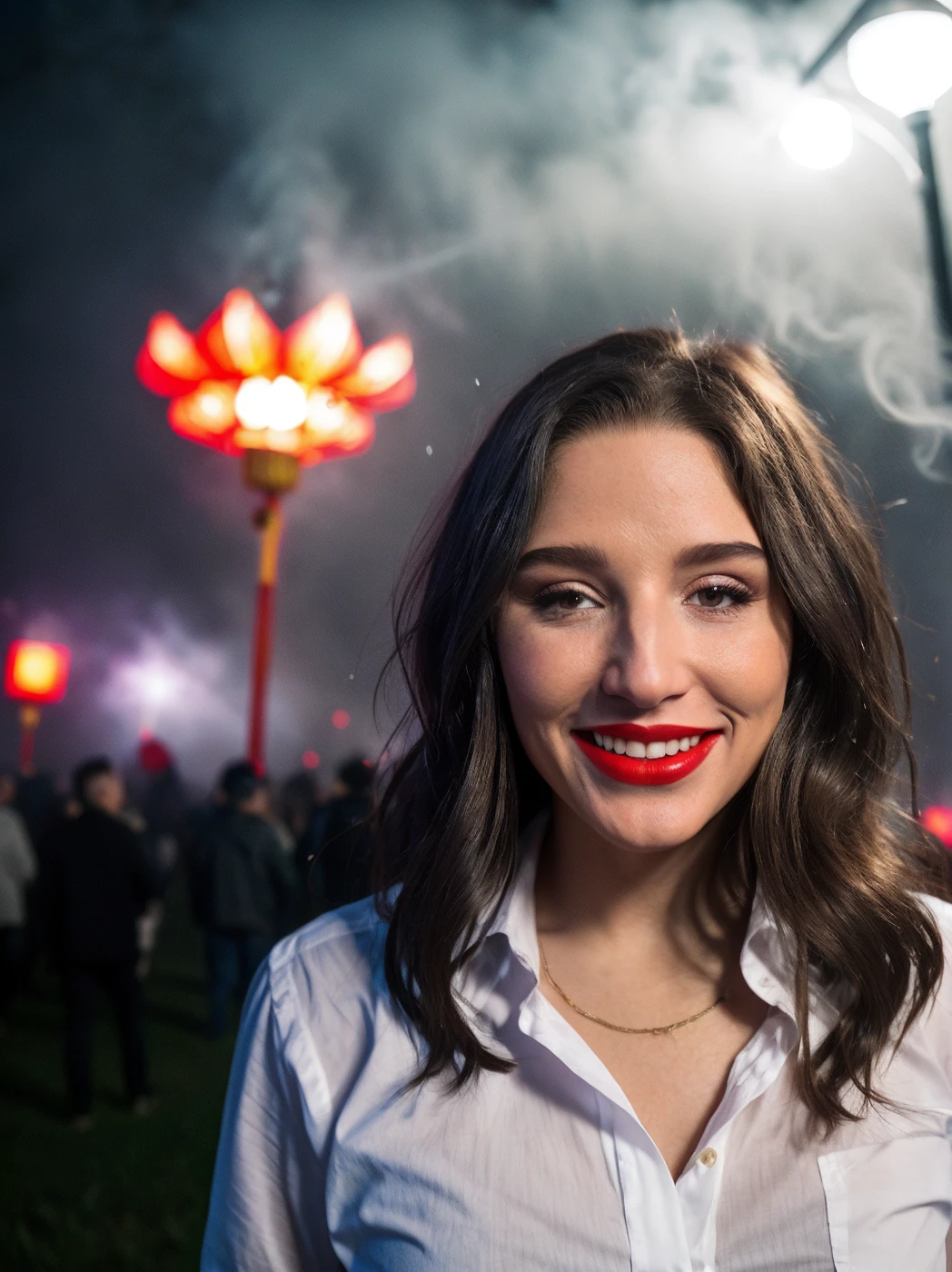 <lora:quiron_AbellaDanger_v1_lora:0.87> AbellaDangerQuiron, a happy woman,, festival party, lights, fireworks,  chinese festival, crowded, new year celebration ,  
east asian architecture,    paper lantern, realistic, , red (Chinese lanterns ) in background, fog,  fireworks and fog  far background, fire, lighting,   intricate detailed,, skin pores, perfect iris,  perfect eyes,  serious, portrait, linkedin, grey background,