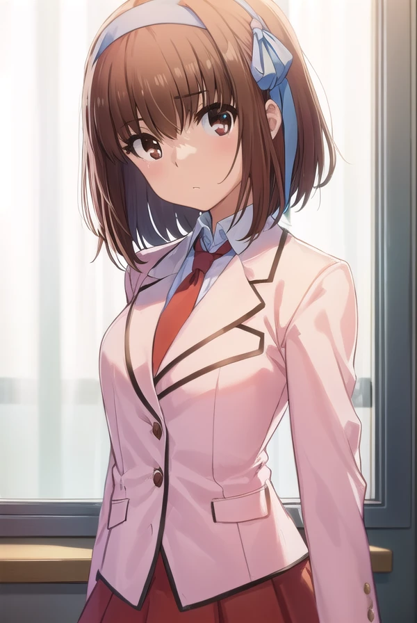 soratakanashi, <lora:sora takanashi s1-lora-nochekaiser:1>,
sora takanashi, short hair, brown hair, ribbon, (brown eyes:1.5), hair ribbon, ahoge, hairband, blue ribbon, blue hairband,
BREAK skirt, school uniform, jacket, necktie, blazer, (pink blazer:1.2), (red skirt:1.2),
BREAK indoors, classroom,
BREAK looking at viewer, (cowboy shot:1.5),
BREAK <lyco:GoodHands-beta2:1>, (masterpiece:1.2), best quality, high resolution, unity 8k wallpaper, (illustration:0.8), (beautiful detailed eyes:1.6), extremely detailed face, perfect lighting, extremely detailed CG, (perfect hands, perfect anatomy),