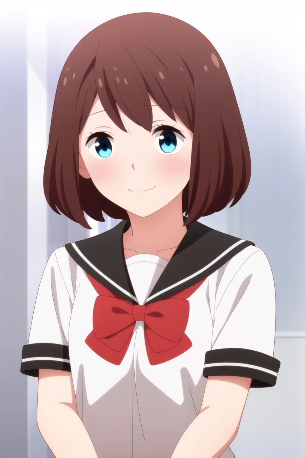 masterpiece, best quality, indoors,school, 1girl, solo, upper body, standing, <lora:Saki_Kanda_NSL-V1:0.7>, short hair, bangs, brown hair,school uniform, white shirt, short sleeves, pleated skirt, serafuku, bowtie, black skirt, sailor collar, red bow, black sailor collar, black skirt,black socks, brown footwear, light smile, blush, closed mouth,