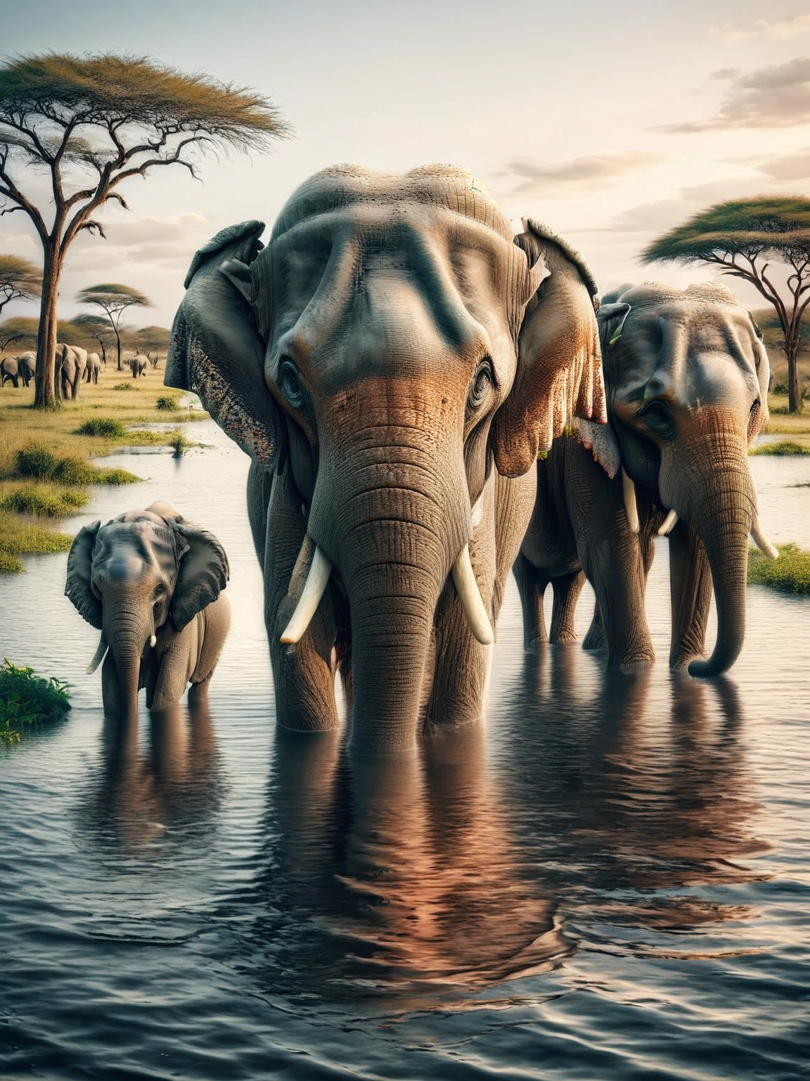 ais-fld a family of elephants walking through the savannah <lora:Flooded_SDXL:1>