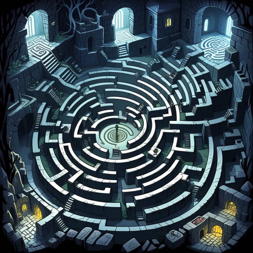 Generate an image in a cartoon style, depicting a dark and complex labyrinth. The maze should be filled with intertwining paths, shadowy corners, and mysterious dead ends, all under a gloomy ambiance. The walls of the labyrinth are adorned with enigmatic symbols and faint, eerie glows that barely light the way. This cartoonish maze invites a sense of adventure and mystery, perfect for a story of intrigue and exploration,      <lora:maze:0.65>