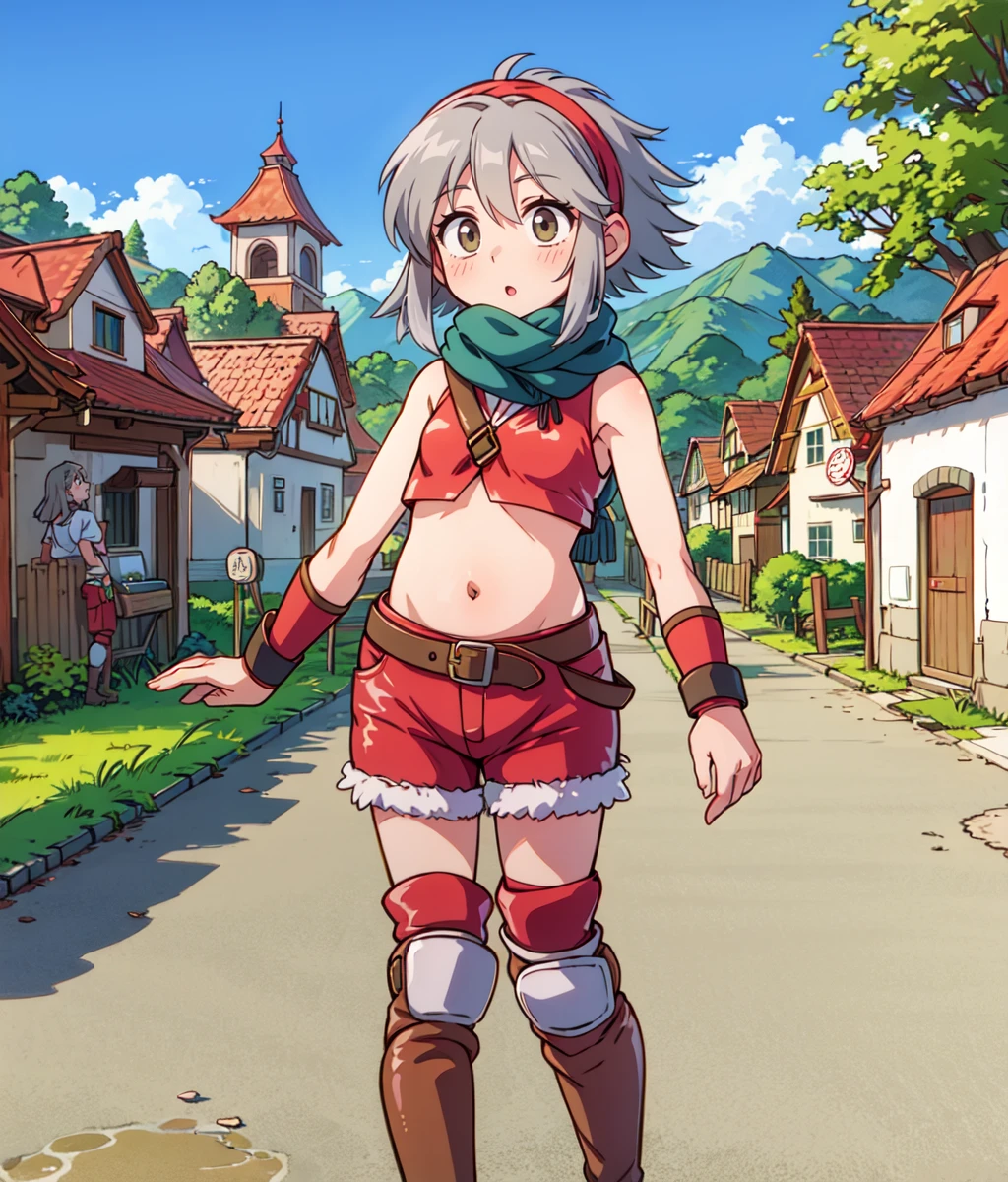 masterpiece, anime screencap, 1 girl, solo, tomboy, red outfit, scarf, belly, short hair, long sidebangs, gray hair, shorts, bandana, knee knee pads, boots, wristbands, full body, outdoors, medieval town, cowboy shot <lora:Millay:1>