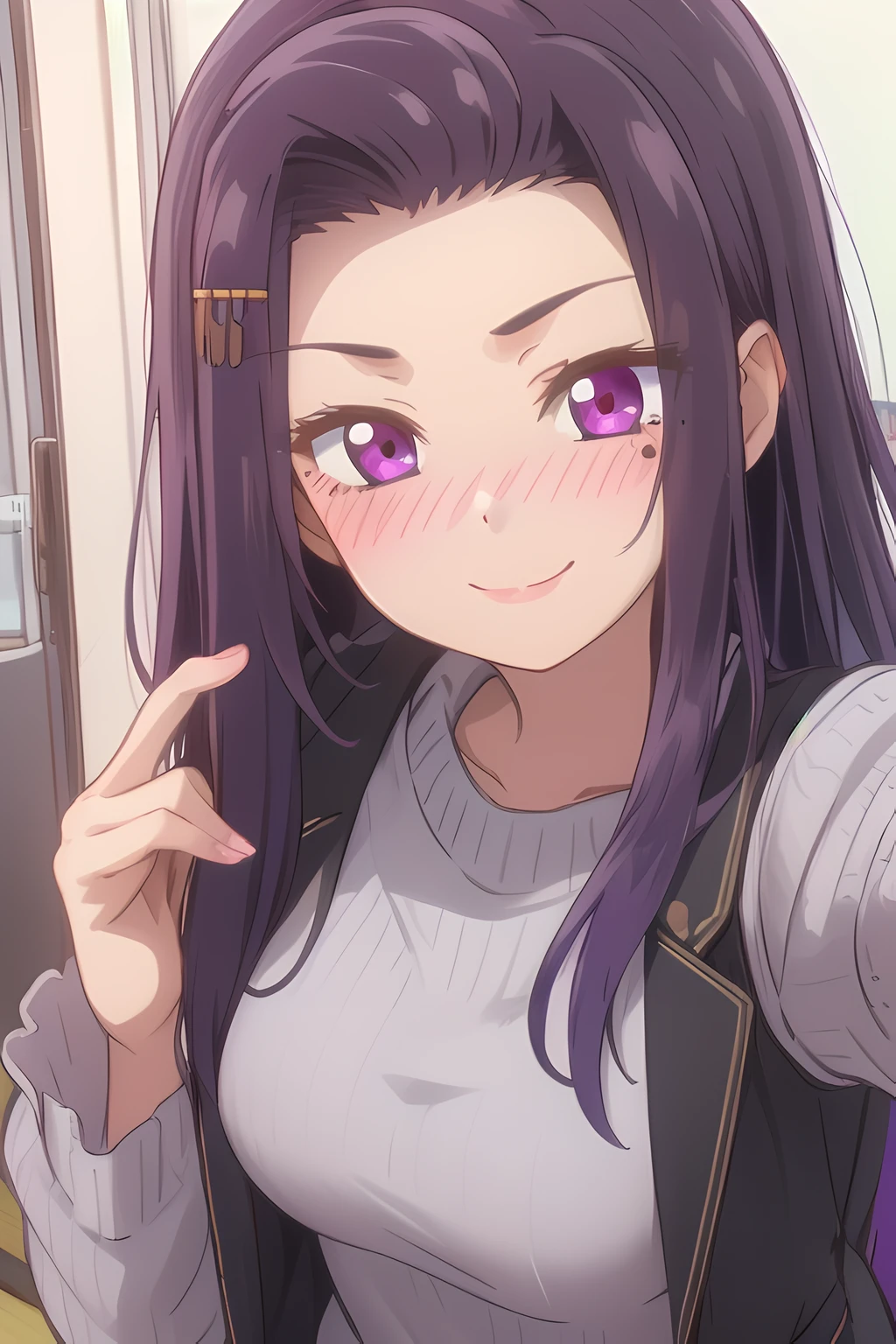 sayuriakino, 1girl, solo, long hair, looking at viewer, blush, closed mouth, purple eyes, purple hair, mole, one mole under eye, ((selfie)), smile , full face blush <lora:SayuriAkino-10:0.75>