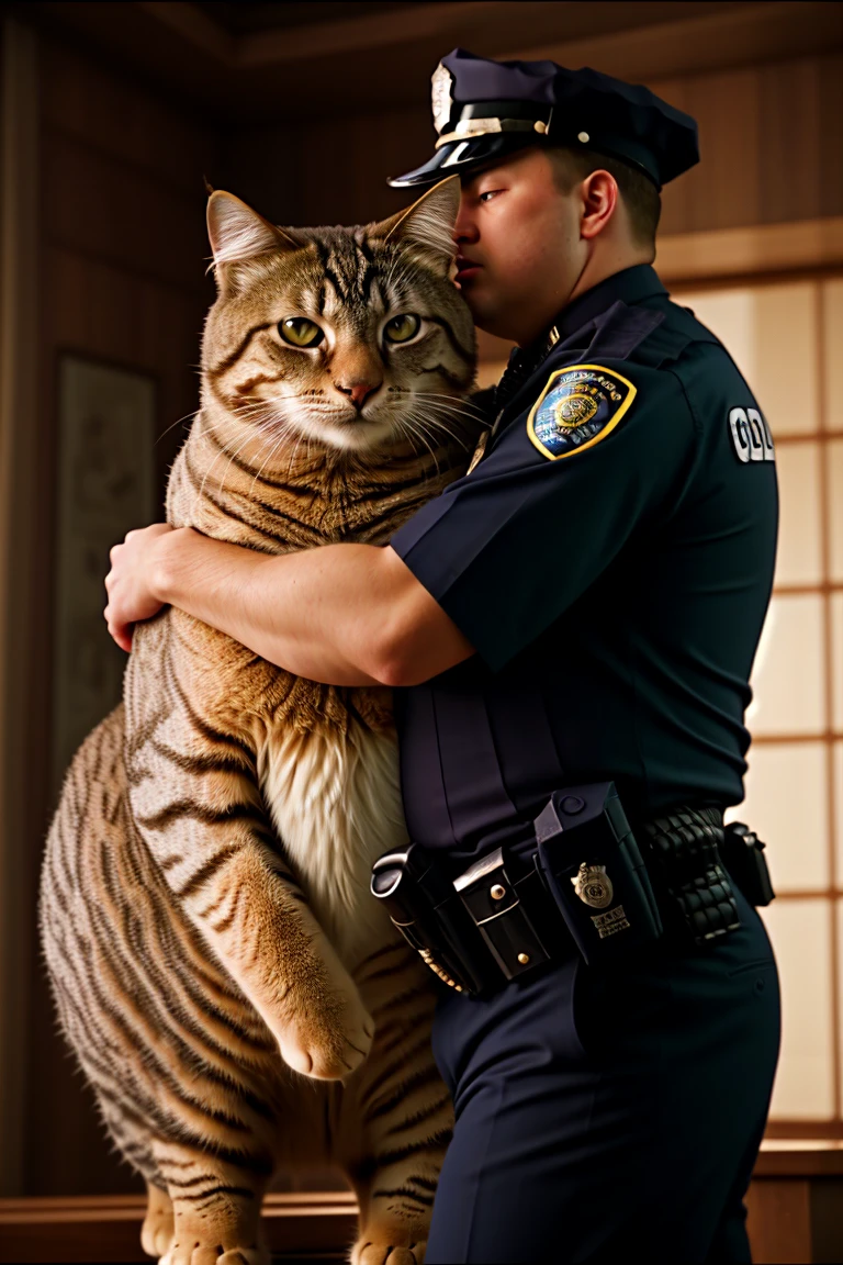 two laggard cops arresting ridiculously chubby enormous cat, 8k, RAW photo, best quality, ultrarealistic, ultra-detailed, vignette, highly detailed, high budget, moody, epic, gorgeous, film grain