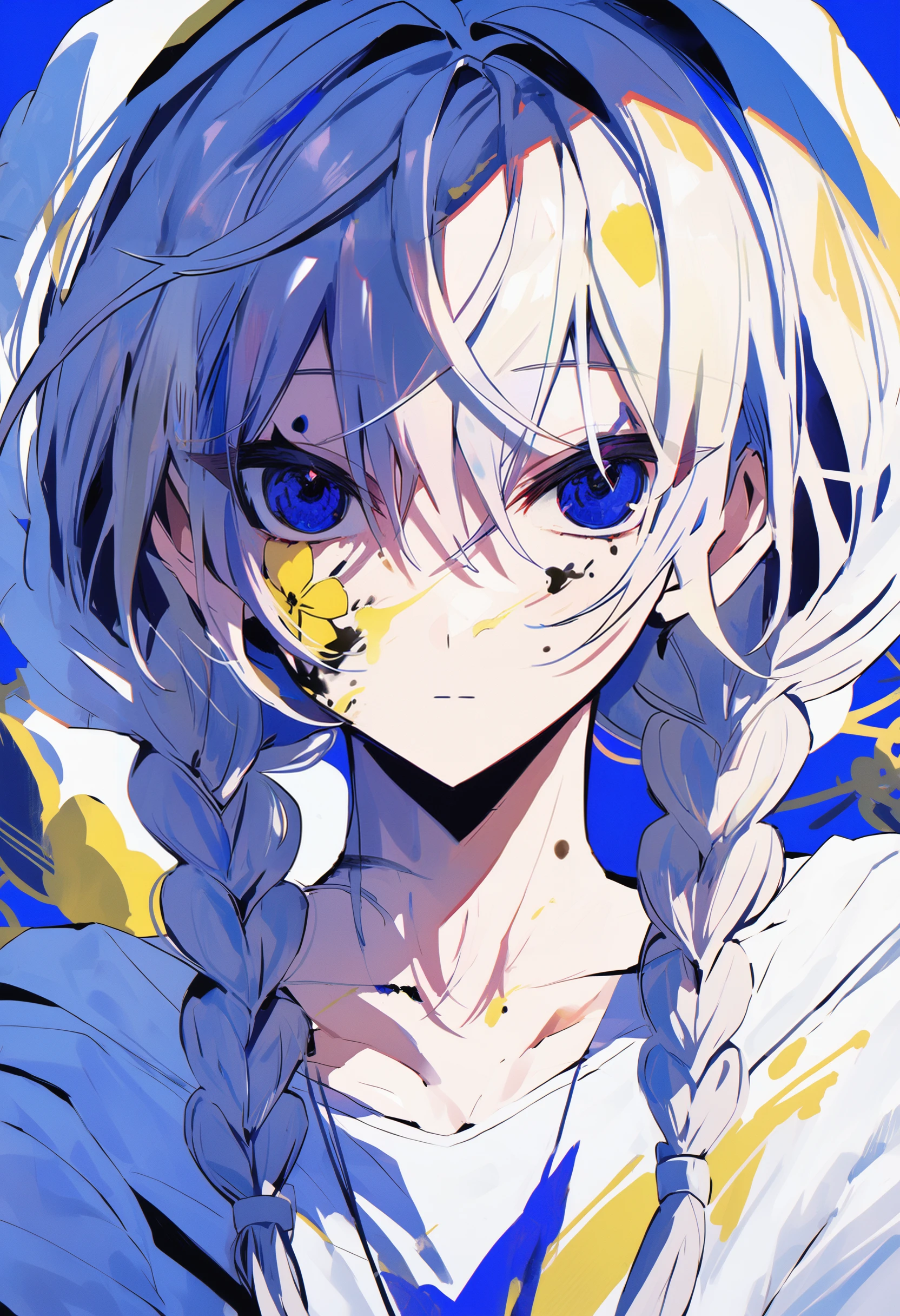 masterpiece, Highest quality,
//////////////One girl, alone, paint splatter, View your viewers, Hair between the eyes, blue flower, paint splatter on face, flower, Portraiture, Long Hair, Braiding, Mouth closed, bangs, clavicle, twin Braidings, blue eyes, Blue background, shirt, yellow flower, Twin tails, Straight, Expressionless, paint
////////