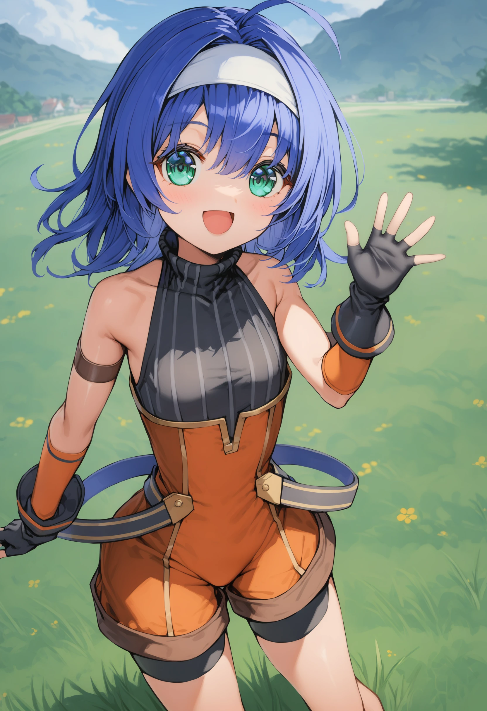 1girl,<lora:young miaXLV2:1>,young mia,medium hair,white hairband,armband,fingerless gloves,sleeveless turtleneck,overalls,bike shorts,bike shorts under shorts,cowboy shot,standing,waving,smile,open mouth,grass,blue sky,ultra-detailed, best quality,masterpiece
