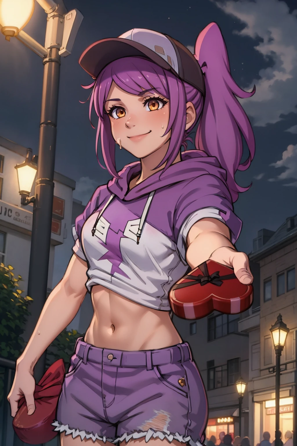 High Quality, Masterpiece, 1girl, IncrsGift, <lora:IncomingValentineGiftPOVOneHandV3:1>, leah, ponytail, baseball cap, purple hoodie, midriff, short sleeves, shorts, <lora:Char_Meme_Leah:0.85>, smile, awkward, sweat, outdoors, night, lamppost,