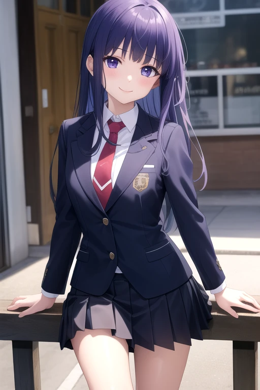 Yatogami tohka, school uniform, blazer, cleavage, medium breasts, best quality, long hair, pony tail, red ribbon hair, masterpiece, highres, best quality, blush, smile shy, sexy pose, indoor, chair, classroom, window, pleated skirt, stocking, thighhigh,