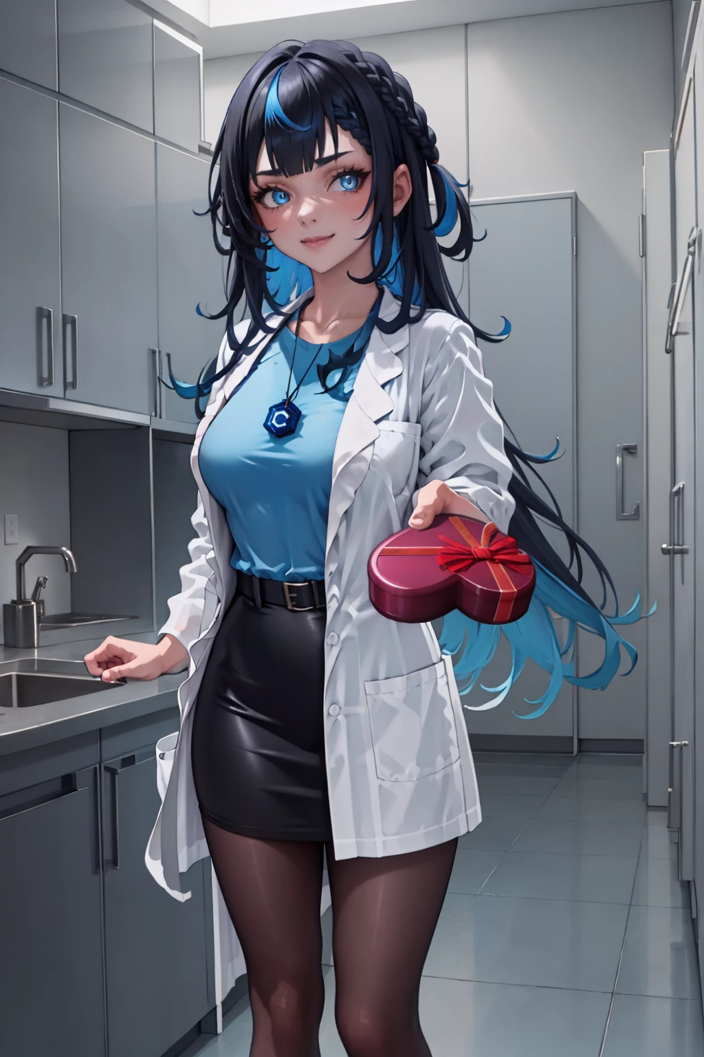 High Quality, Masterpiece, 1girl, IncrsGift, <lora:IncomingValentineGiftPOVOneHandV3:1>, incoming gift, civitai-chan, braided bangs, multicolored hair, black hair, blue hair, blue eyes, necklace, labcoat, shirt, shirt tucked in, single vertical stripe, black skirt, pencil skirt, pantyhose, <lora:Char_Meme_Civitaichan:0.65>, light smile, looking at viewer,