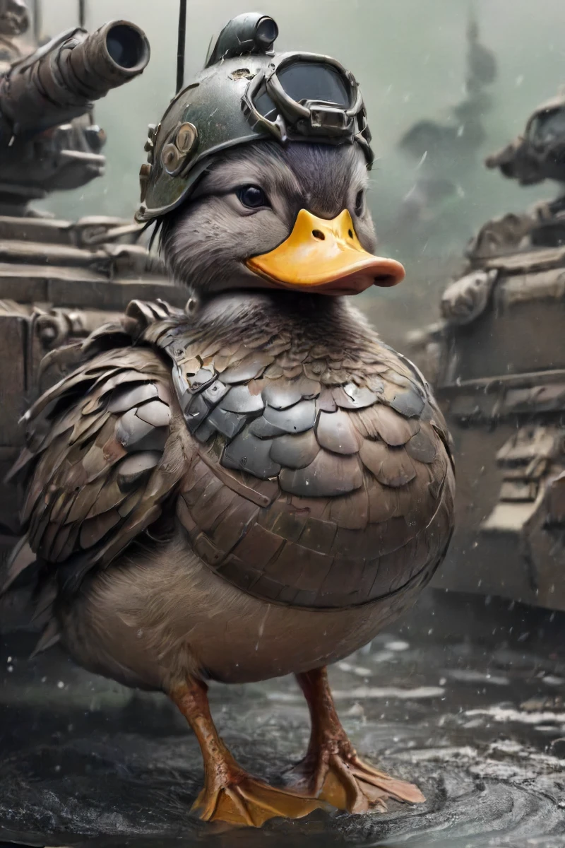 depiction of an (armored:1.1) duck wearing a helmet in full heavy tank-like battle gear with armored metal feathers is defending its pond, war-zone backdrop, <lora:- SDXL - heavy_armored_V2.1:.8>