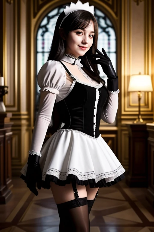 ((1 girl, 22 y.o, Masterpiece, best quality, cinematic lighting, 8k, full body shot, long hair, hourglass body)), (smile:0.85), (realistic background:1.2)
<lora:Maid_X23_By_Stable_yogi:0.8> maid headdress, maid outfit, black gloves, black thighhighs, high heels