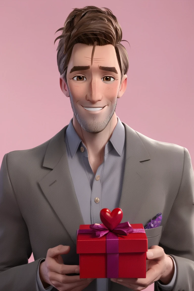 peterbparker, 1boy, solo, male focus, mature male, short hair, brown hair, brown eyes, thick eyebrows, facial hair, stubble, formal, collared shirt, grey suit, looking at viewer, smile, cowboy shot, smile, blush, holding gift, heart-shaped box, simple background <lora:Spider-Man (Peter B. Parker) v1.0 SDXL_LoRA_SDXL:0.85>