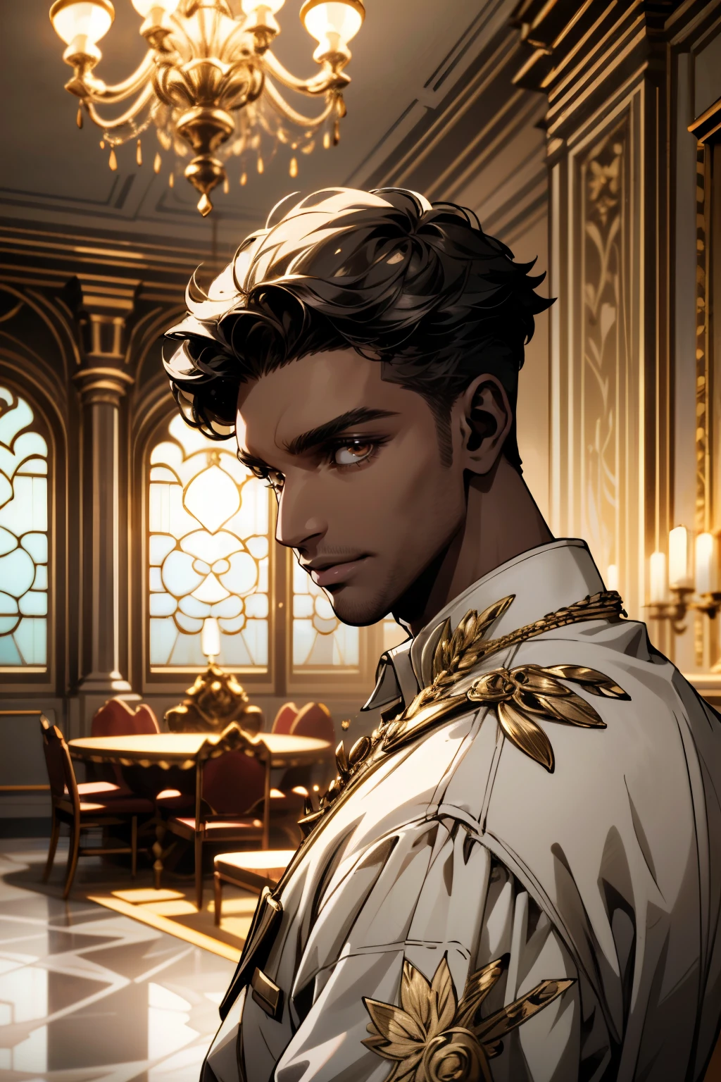 ((ultra detailed, masterpiece, absurdres))
<lora:DPDIMMark:0.9>
DPDIMMark, 1boy, dark skin, brown eyes, short hair, Luxurious ballroom, crystal chandeliers, dynamic golden lighting, intricate floral patterns