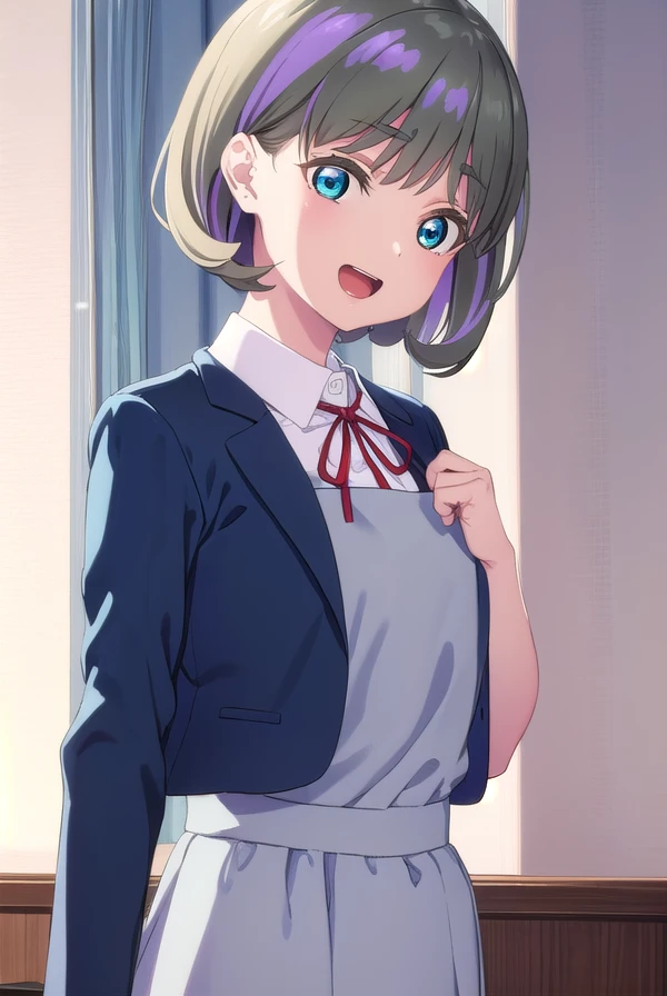 keketang, <lora:keke tang s2-lora-nochekaiser:1>,
keke tang, short hair, blue eyes, grey hair, multicolored hair, streaked hair, smile, open mouth, teeth,
BREAK shirt, dress, ribbon, school uniform, jacket, white shirt, open clothes, collared shirt, open jacket, red ribbon, neck ribbon, blue jacket, pinafore dress, grey dress, yuigaoka school uniform,
BREAK indoors, classroom,
BREAK looking at viewer, (cowboy shot:1.5),
BREAK <lyco:GoodHands-beta2:1>, (masterpiece:1.2), best quality, high resolution, unity 8k wallpaper, (illustration:0.8), (beautiful detailed eyes:1.6), extremely detailed face, perfect lighting, extremely detailed CG, (perfect hands, perfect anatomy),