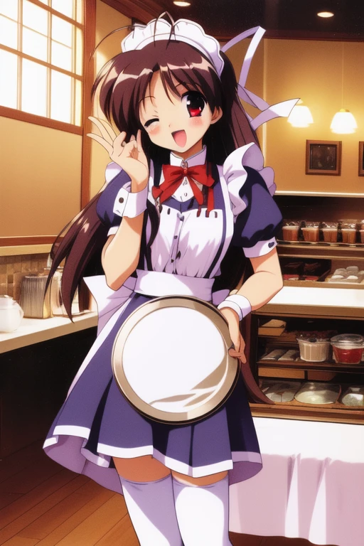 <lora:Hinomori_Azusa:0.8>, HinomoriAzusa, multiple girls, 2girls, thighhighs, one eye closed, waitress, open mouth, ribbon, tray, short sleeves, smile, wrist cuffs, full body, black hair, short hair, very long hair, blush, looking at viewer, shoes, red eyes, holding, holding tray, puffy sleeves, apron, maid headdress, index finger raised, bangs, maid, puffy short sleeves, :d, antenna hair, skirt, zettai ryouiki, leg ribbon, hair intakes,
cafe, restaurant, room,
masterpiece, high quality, very_high_resolution, large_filesize, full color,