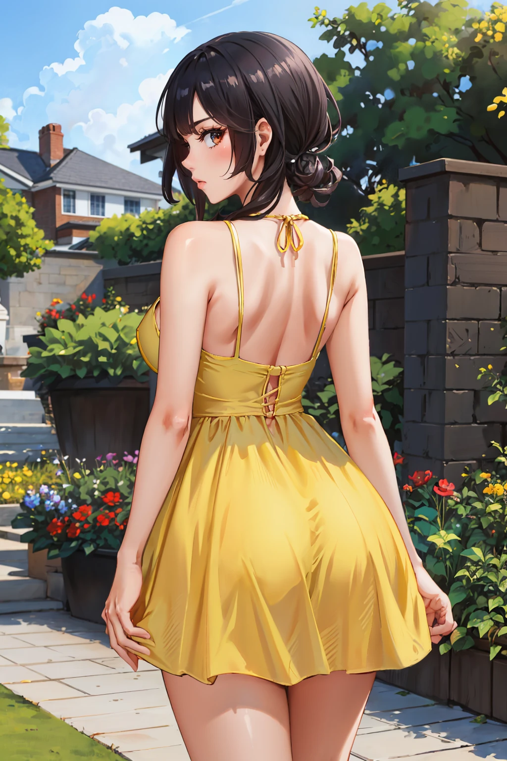 masterpiece, best quality, <lora:zinnia-nvwls-v1-000009:0.9> defZinnia, from behind, large breasts, tan, yellow sundress, garden <lora:edgChamYellowSundress:1> edgYSD,woman wearing a yellow sundress, furrowed brow