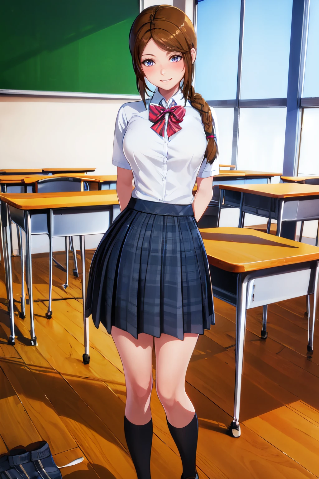 a woman standing in a classroom, shy smile,beautiful eyes, beautiful girl, high detail skin, high detail eyes, high detail hair, highres, ultra detailed, sharpen picture, Highly detailed, masterpiece, best quality, photorealistic,
<lora:JulieLoRA:0.8>1girl, long hair, school uniform, braid, socks, bowtie, sneaker